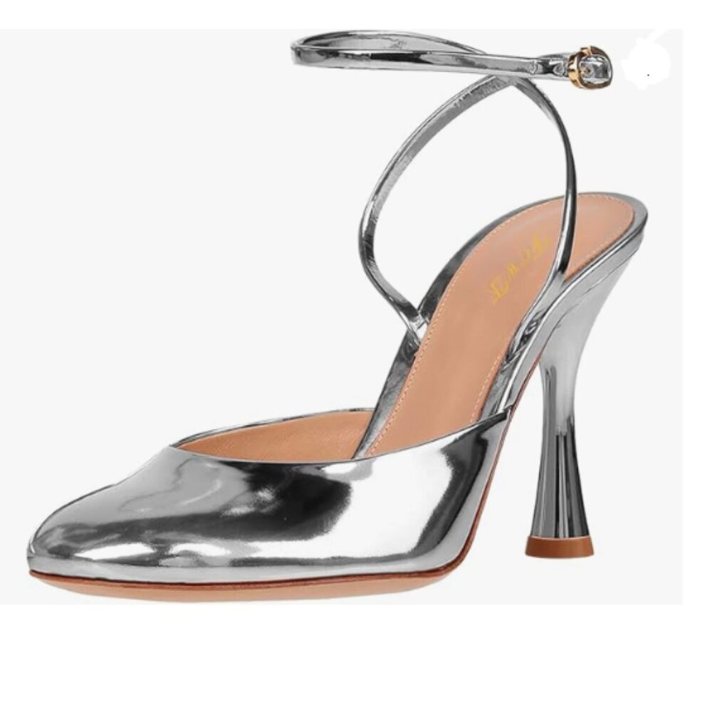 FOWT Silver Round Toe Lace up Pumps Stiletto High Heel Sandals Ankle Strap Shoes